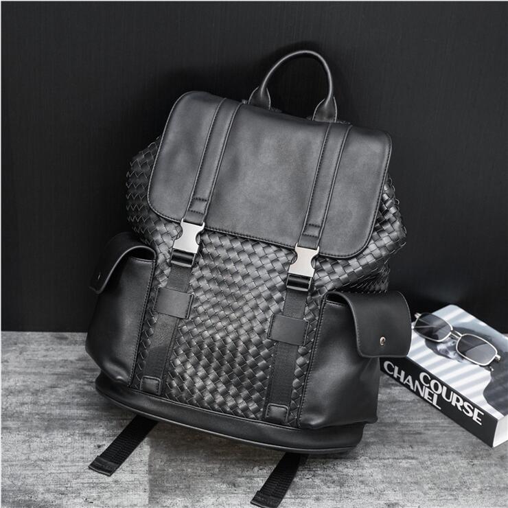 

Factory wholesale men brand shoulder bag leisure pocket decoration student backpacks large woven fashion handbag street trend travel leather backpack, Black