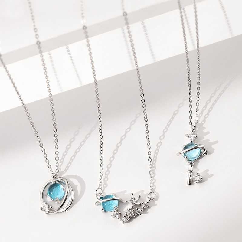 

Japan sweet little fresh artificial blue glaze fantasy necklace cosmos Aurora star sky clavicle chain female Mori series, Blue planet necklace (platinum pendant + chain) 1