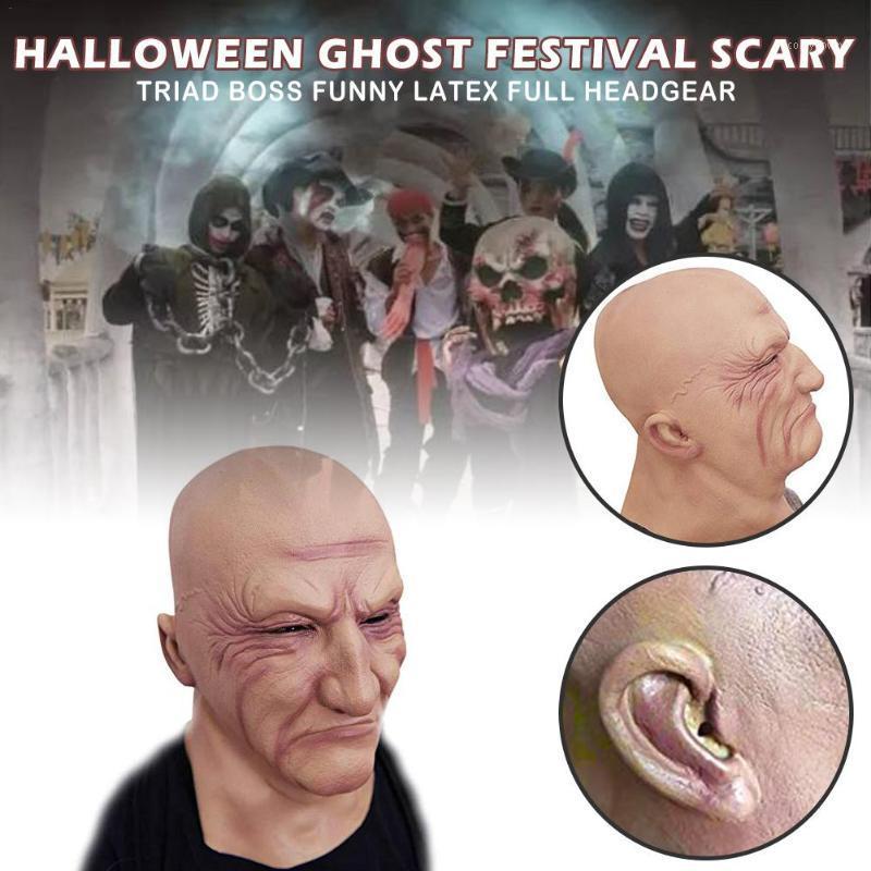 

Party Masks Scary Style Mask Horror Black Society Boss Funny Latex Full Head Cover Old Man Grotesque Halloween Ghost Festival Headgear
