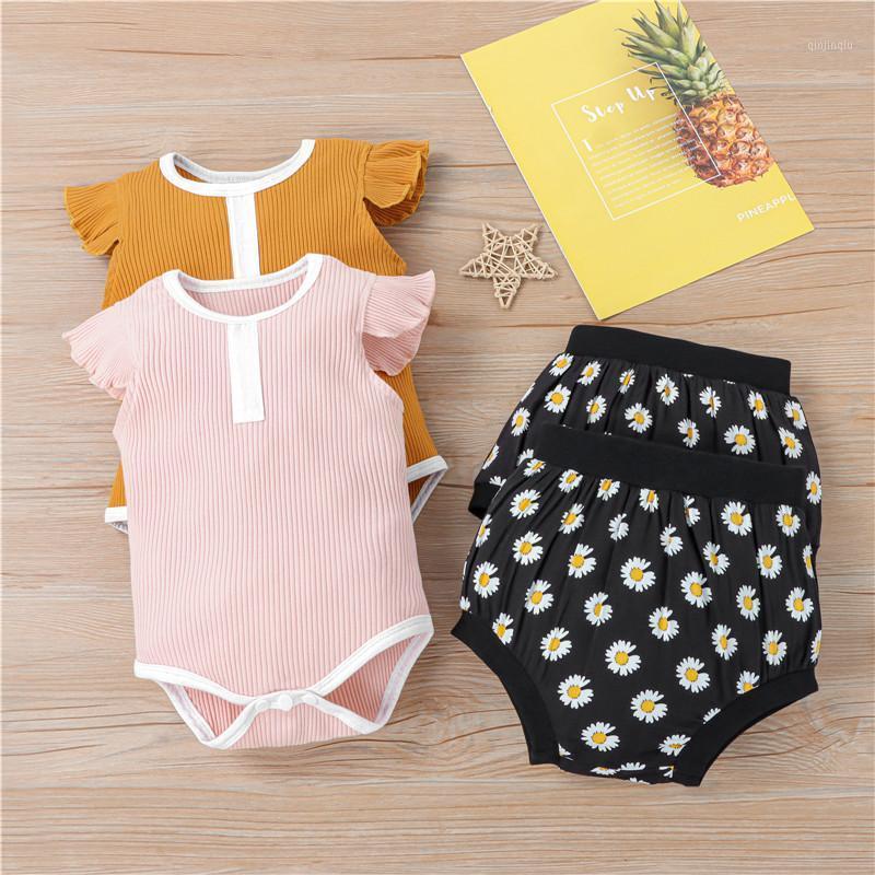 

Summer Baby Girl Short Sleeve Bodysuits Romper Shorts Daisy Flower Pattern Elastic Waist Bottom Button Infant Clothing Sets, White