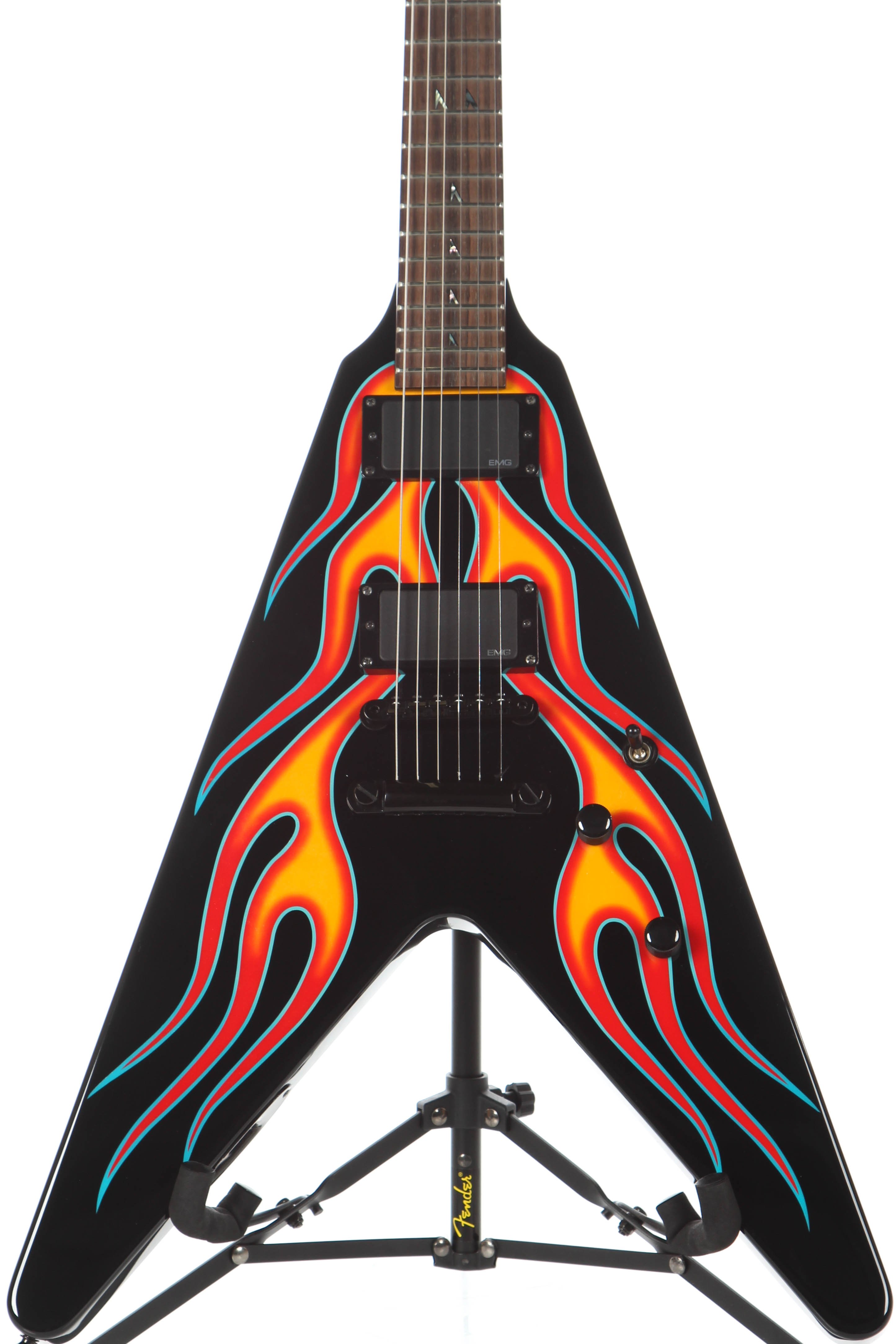 

Metallic James Hetfield JH-1 Hot Rod Flying V Red Flames Electric Guitar "M" Ninja Star Inlay, China EMG Pickups, Black Hardware