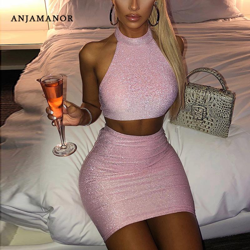 

Two Piece Dress ANJAMANOR Glitter Sexy Set Short Summer Clothes Women Pink Going Out Club Outfits 2 Crop Top Skirt D97-AC76, Red