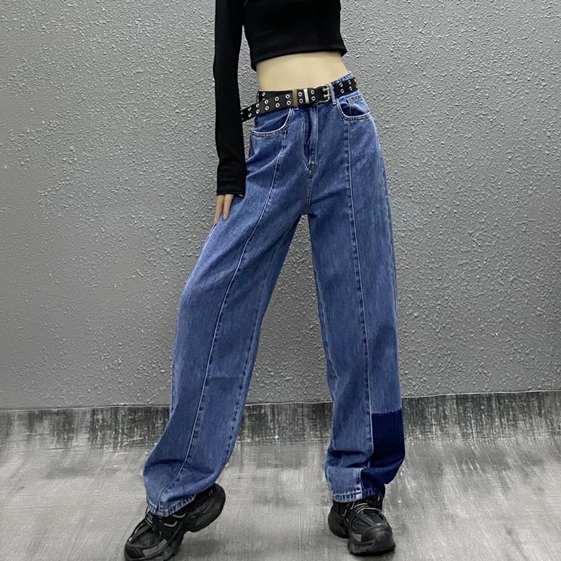 

Women's Jeans Streetwear Fashion Autumn 2021 High Waist Contrast Color Loose Straight Denim Pants Female Tide, Blue
