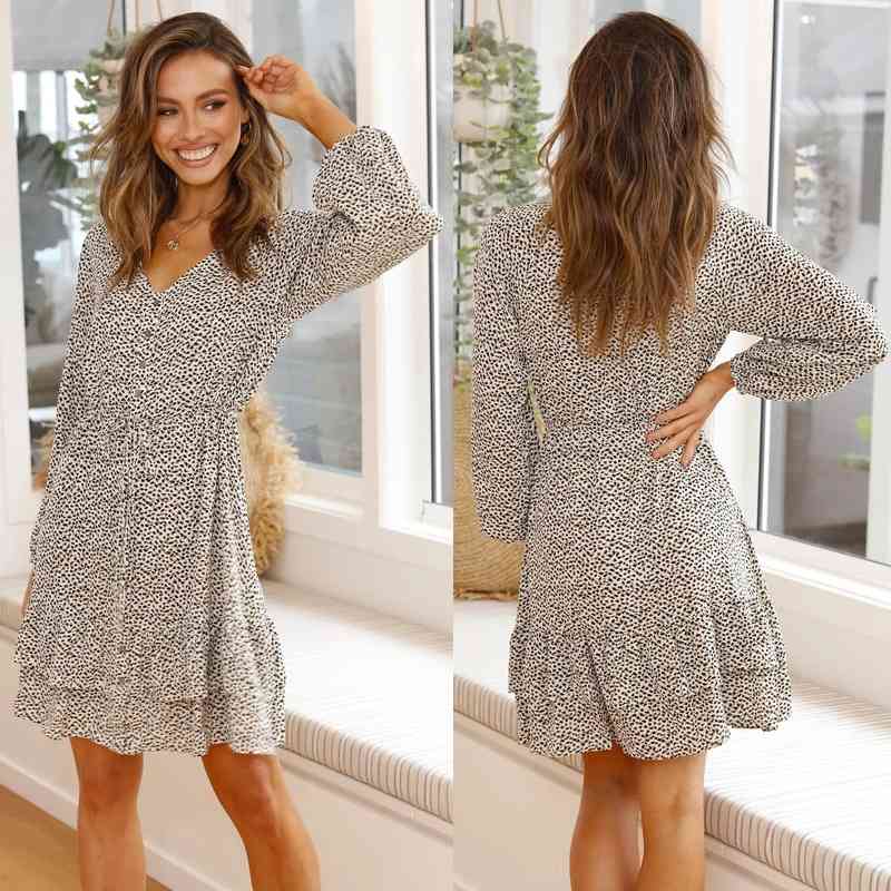 

new v-neck bandage long sleeve leopard dress for women in autumn 2020, Black;gray