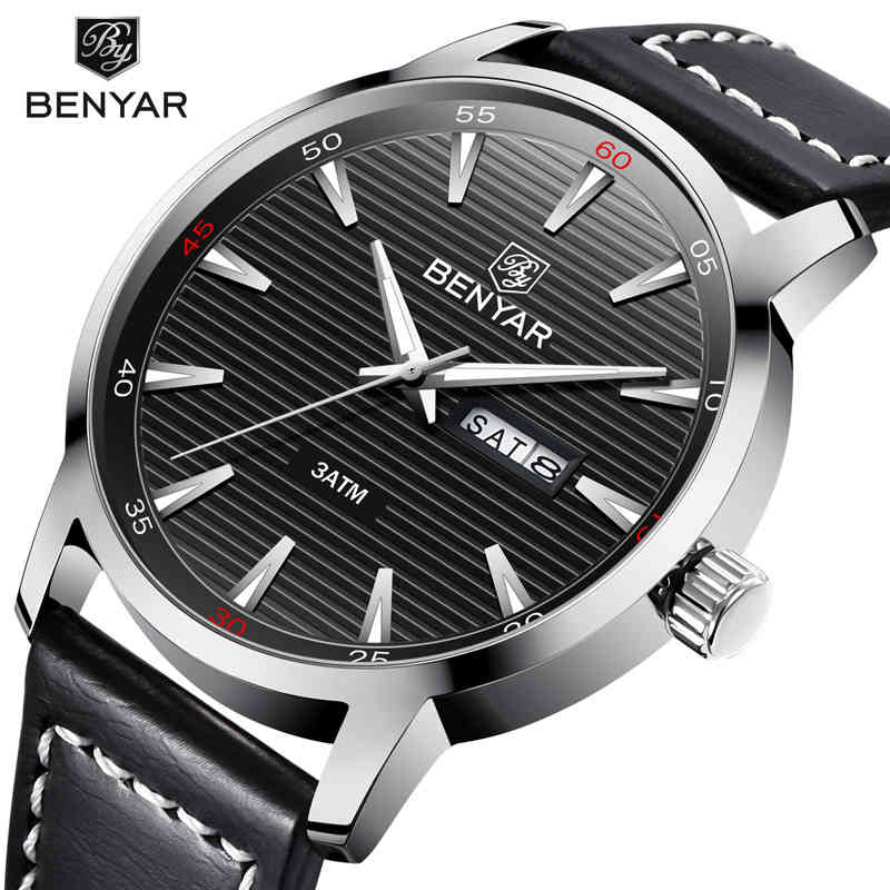

Men's Simple Black Benyar Makes a Calendar Leather of Quartz. Military Man's Sport Watch, Dmilitary-proof, Male Watch Water., Slivery;brown