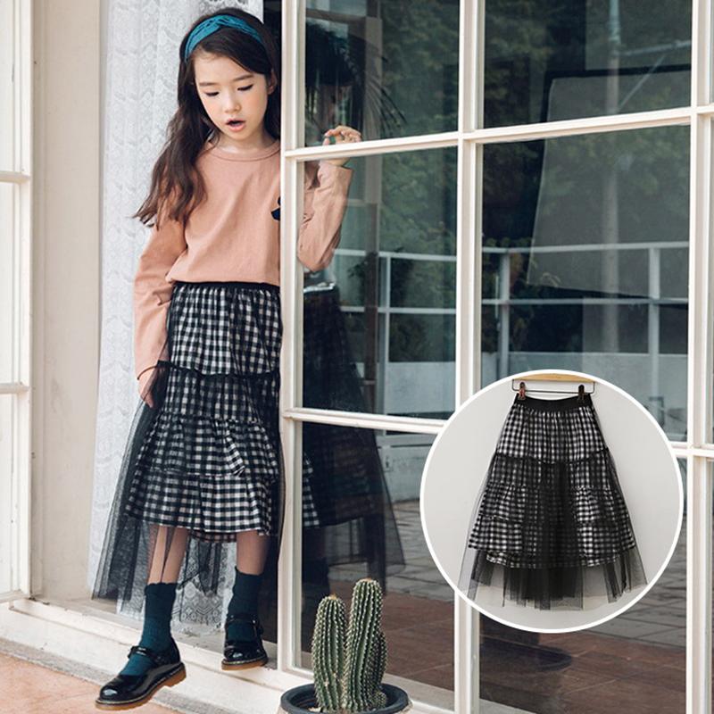 Skirts 4-14Y Korean Style Kids Girls Tutu Skirt Black And White Plaid Double Layers Lace Princess Pleated Autumn Wear SK01