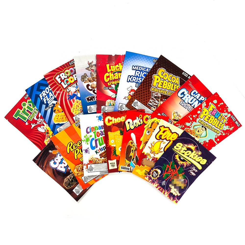 

retail plastic edibles package bags zipper lock CHIPS CEREAL TREATS CHOCOLATE krispie bar runtz stokies reeses puffs MEDICATED mylar bag