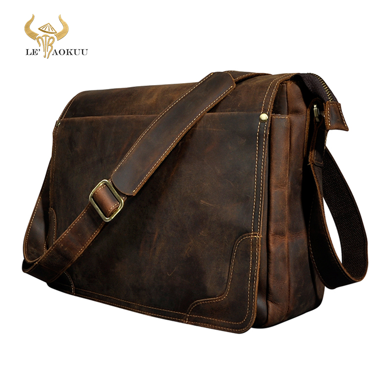 

Crazy Horse Leather Men Fashion Casual Laptop Weekend School Book Bag, Black