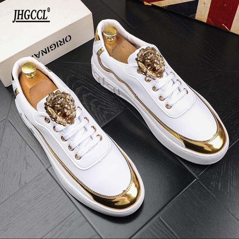 

Deluxe men's small white shoes British fashion sports casual board low top breathable Zapatos Hombre A6, Gold