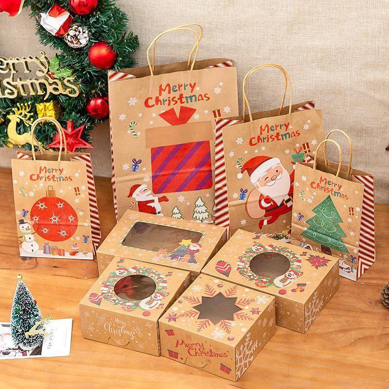

Christmas Decorations Kraft Paper Bag Santa Claus Year Party Gift Pakcaging Handle
