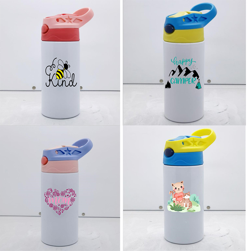 

12oz Sublimation Blank Sippy Cup Mugs Straight Kids Tumbler with Straw Stainless Steel Water Bottle Festival Gift Flip Top Bottles, Customize