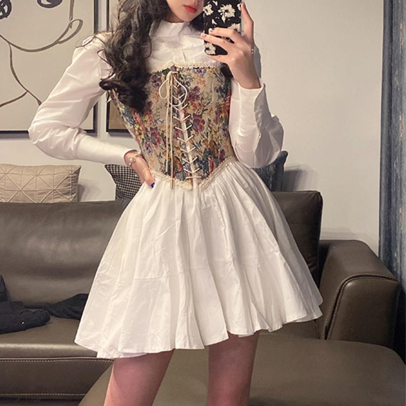 

Casual Dresses White Long-sleeved Shirt Dress Suit Female Spring And Autumn French Waist Puffy Short Skirt + Lace-up Vest