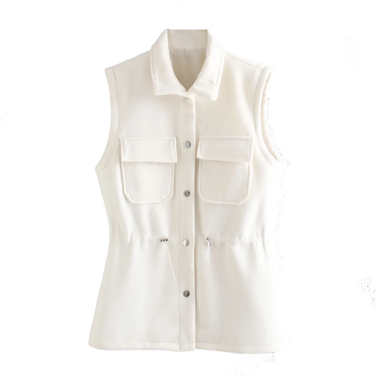 

Streetwear Women Solid Woolen Drawstring Vests Fashion Ladies Stand Collar Button Coats Causal Female Chic Pocket Outercoat 210520, White