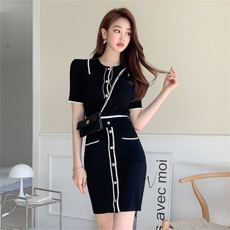 

High Quality Summer Vintage Single Breasted Knitted Dress Slim Waist Pocket Short Sleeve O-neck Mini 210603, Picture color
