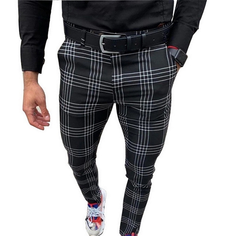 

Men' Large Plaid Stripe Casual Pants Social Slim Fit Black Trousers Zipper Mid Waist Skinny Business Male Spring Stretchy 211111, Gray