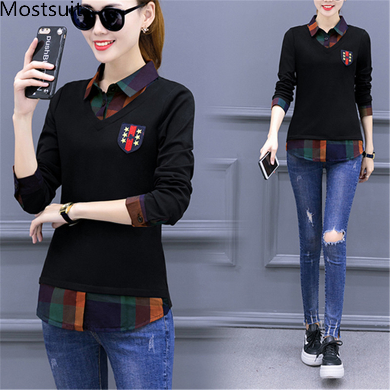

3xl Plaid Blusas Shirt Women Fake Two Pieces Casual Office Tops Plus Size Long Sleeve Korean Elegant Blouses Femininas 210518, Wine red