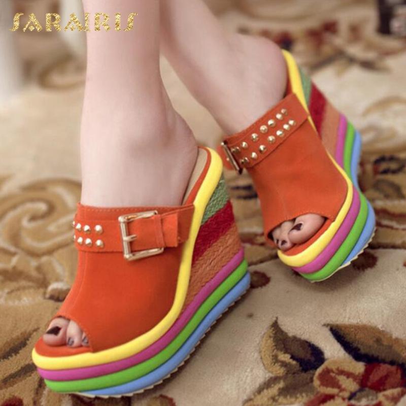 

Colorful Leisure Women Wedges Shoes 2021 Summer Sandals Woman Sexy Mules Party Platform High Heels, Black
