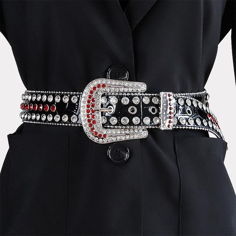 

Belts Punk For Women Waistband Diamond Studded Belt Female PU Leather Hip Hop Jeans Buckle Costume Party Strap, Black