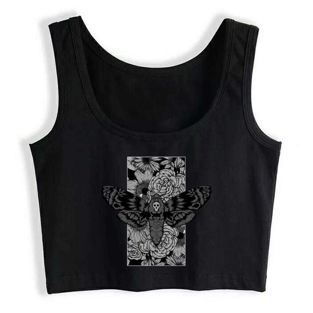 

Crop Top Female Death Moth O-Neck White Custom Tops Women 210607