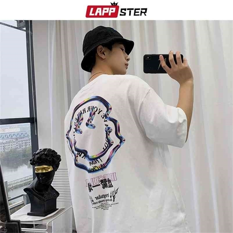 

LAPPSTER Men Streetwear Smile Cotton T Shirts Summer Mens Hip Hop Harajuku T-shirts Male Korean Vintage Oversized Tops 210329, White;black