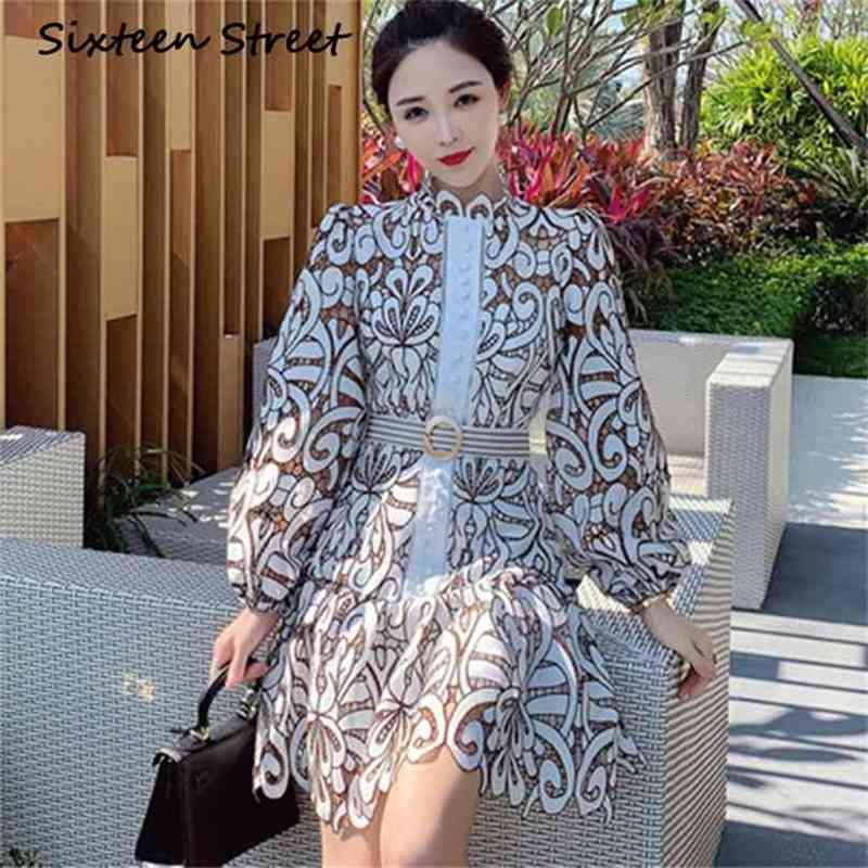 

Lace Embroidery Woman Dress spring lantern sleeve runway party dress female single-breasted autumn vestidos 210603, Coffee