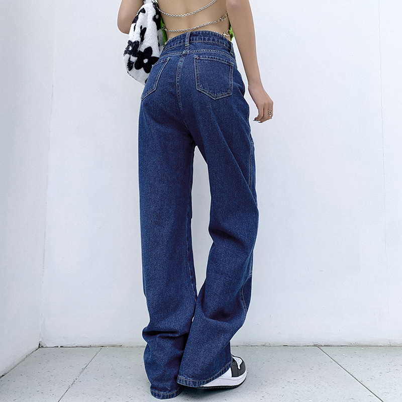 

2021y2k blue straight jeans women vintage cargo denim pants fashion high waist harajuku patchwork stitched 90s aesthetic loose jean