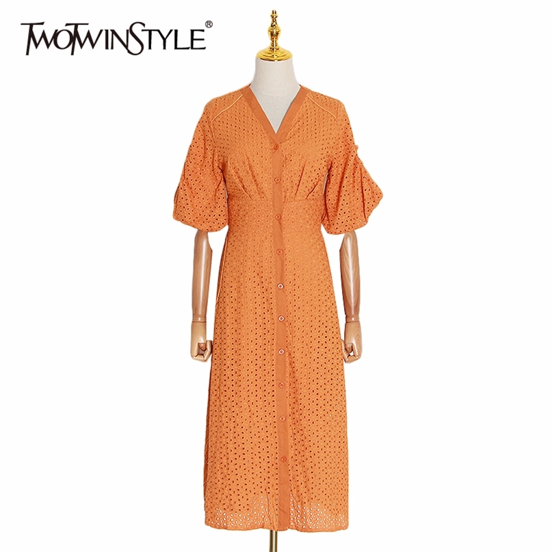 

Summer Vintage Solid Women Dress V Neck Puff Sleeve High Waist Button Hollow Out Midi Dresses Female Fashion 210520, Orange