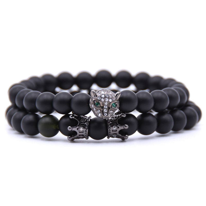 

2pcs/Set High Quality Copper Leopard Head Charm Bracelet Handmade America and Europe Style Natural Stone Jewelry