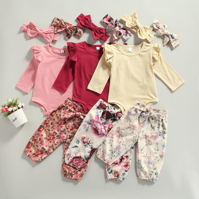 

Clothing Sets Kids Suit Set, Girls Solid Color Round Neck Long Sleeve Romper+ Floral Print Trousers+ Headband For Toddler, White