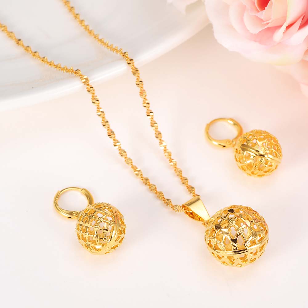 Round Ball Pendant Necklace chain Earrings sets Jewelry 18 k Real Yellow Fine Gold G Bead Necklaces set women-image-677730955