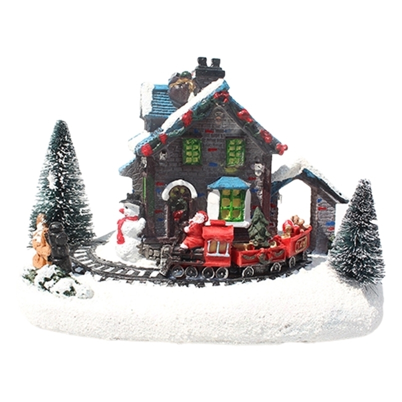 

Creative Color LED Lights Christmas Small Train Village House Luminous Landscape Snow Figurines Resin Desktop Ornament 211105