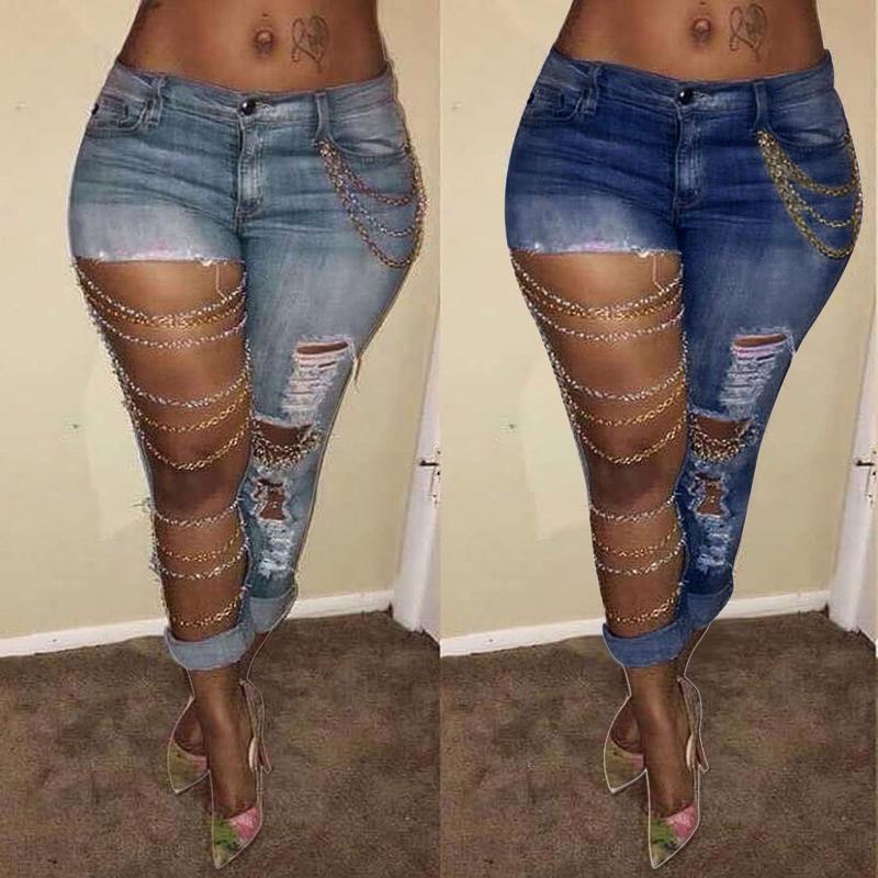 

Women's Leggings Slim Pants Trousers Jeans Big Chain Solid Ripped Hole Fashion Women Denim Pencil Plus Size, Bu