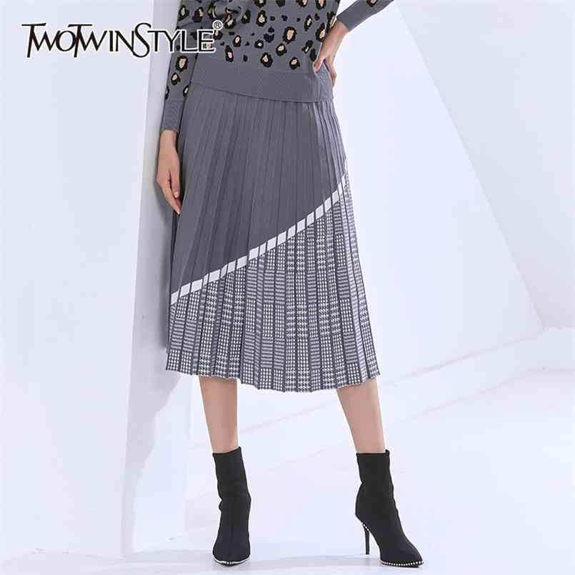 

Patchwork Plaid Midi Skirt For Female High Waist Pleated Elegant Oversized Mid Skirts Women Autumn Fashion 210521, Lightcoffee