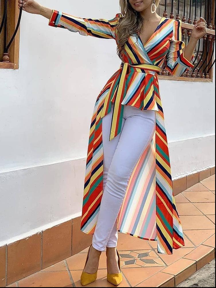 

women fashion blouses elegant office workwear asymmetrical long blouse female casual striped tied front dip hem shirt, White
