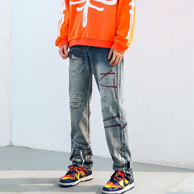 

Men' Jeans 2021 Arrival Distressed Retro Washed Men Casual Baggy Pants Hip Hop Hole Ripped Straight Denim Trousers Pantaloni Uomo, Blue