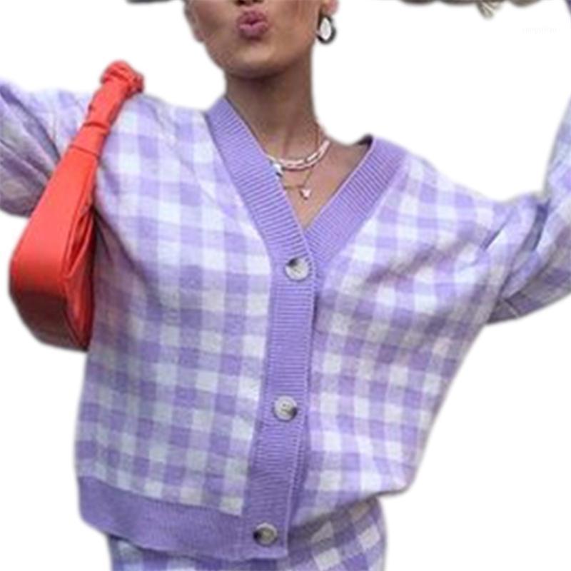 

Women' Tracksuits Hirigin 2021 2Pcs Women Tracksuit Plaid V-Neck Long Sleeves Button-Open Knit Cardigan + Shorts Suit For Girls, Purple