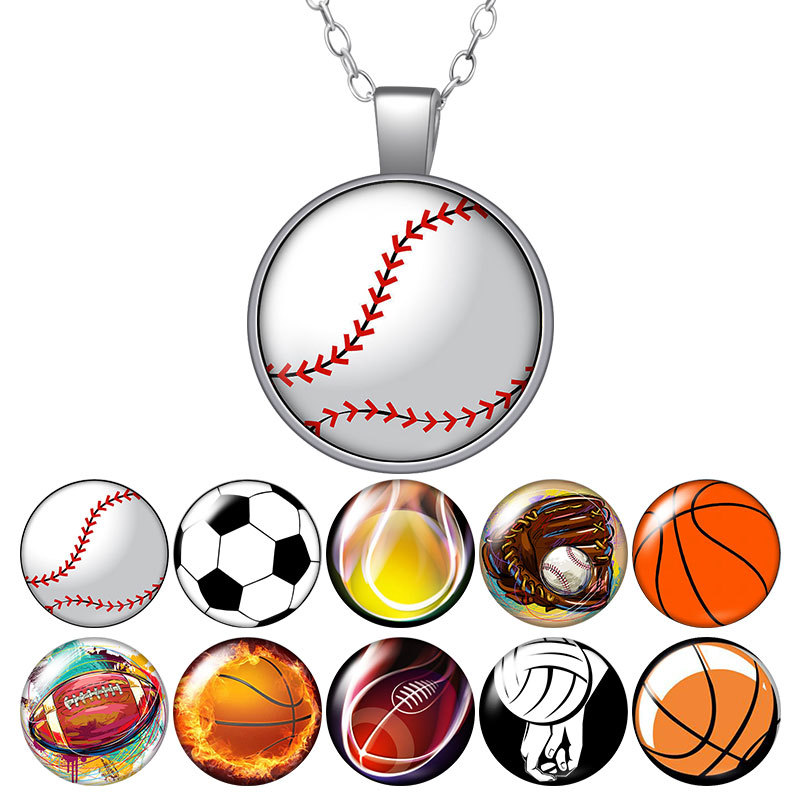 

Sports Tennis Football Basketball Round Pendant Necklace 25mm Glass Cabochon Silver Plated Jewelry Men Birthday Gift 50cm
