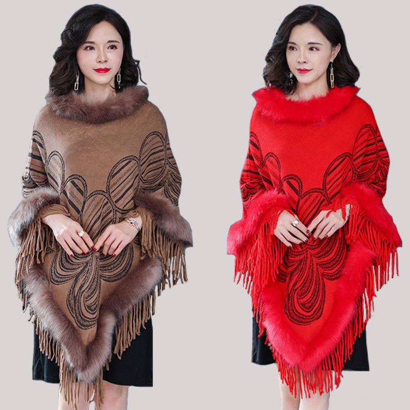 

2021 New Winter Warm Plaid fur Capes cloak& Ponchos for Women Oversized Shawls Wraps Cashmere Pashmina Female Tassel Mujer, Black