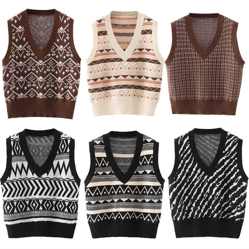 

Za Vintage Plaid Knit Vest Sweater Women Winter V Neck Animal Printed Casual Pullover Female Fashion Gothic Knitted Top 210602, 20699-3