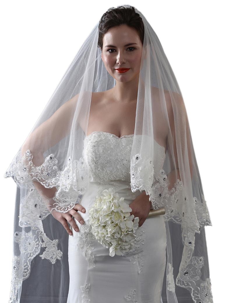 Bridal Veils Crystal Beading Cathedral Wedding Vintage Lace Custom Two Tiers-image-699613710