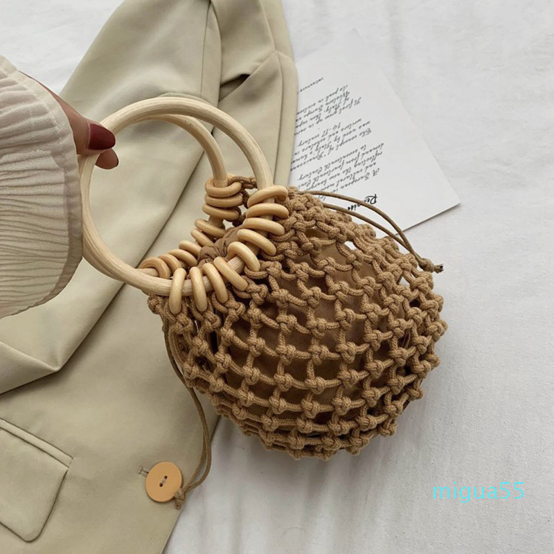 

Ring handle grid Design Tote bags For Women Fashion Woven Fishnet Handbags and Purses Female Summer Travel Weave Beach Bag, Brown