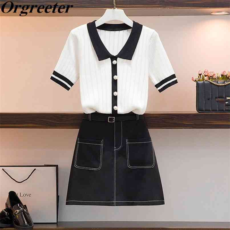 

Korean Vintage Knitwear Two piece set Women Summer Lapel Pearl button Breathable Pullover Tops and High waist A-line Skirt Suits 210602, Only white tops