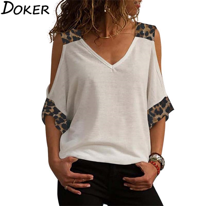 

Vintage T Shirt Women Summer Leopard Print V-neck 3/4 Sleeve Plus Size T-shirt Off Shoulder Tops Casual Tee Femme 210708, White