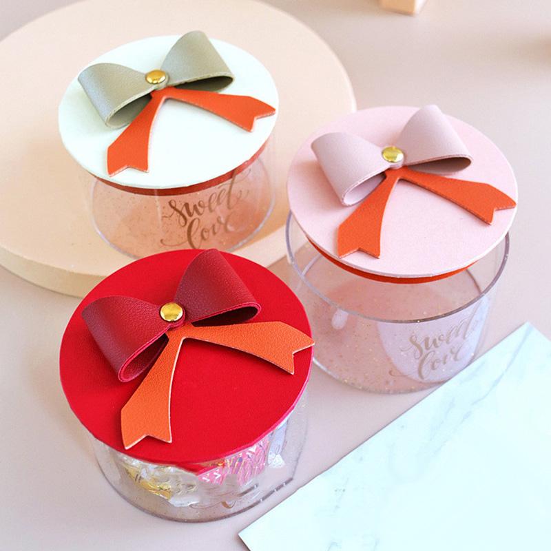 

Gift Wrap Round Candy Box Transparent Leather Bowknot Wedding Packaging Dustproof Exhibition Souvenir Storage