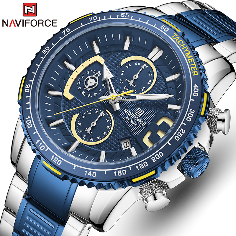 

NAVIFORCE New Watches for Men Waterproof Quartz Watch Top Brand Mens Stainless Steel Sports Clock Chronograph Relogio Masculinog, Silver green