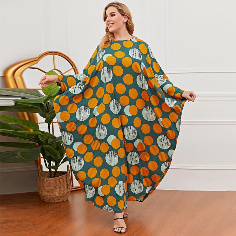 

Plus Size Dresses Summer Women's Casual Fashion Round Neck Dot Boho Printing Loose Long Sleeve Batwing Dress, Orange