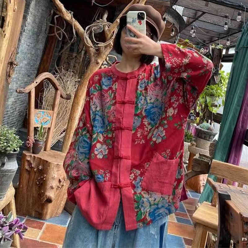 

Johnature Women Plus Size Spring Shirts And Tops Stand Long Sleeve Red Blouses Print Floral Loose Vintage Linen Shirts 210521