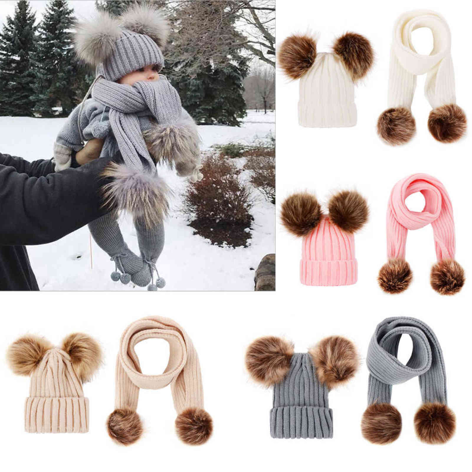 

Winter Hats Ears Girls Boys Cap+scarf 2pcs Kids Set Baby Keep Warm Children Knit Wool Fur Double Hat Knitted Cute Cap Scarf