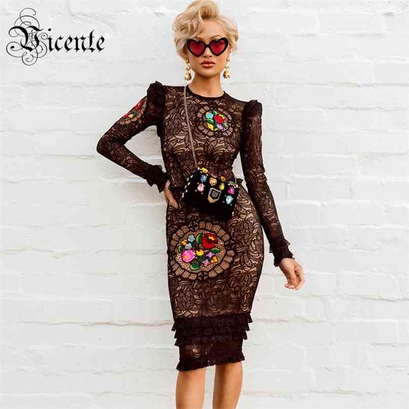 

Graceful Floral Embroidery Long Sleeves Ruffles Lace Celebrity Party Club Bandage Midi Dress 210520, Multi