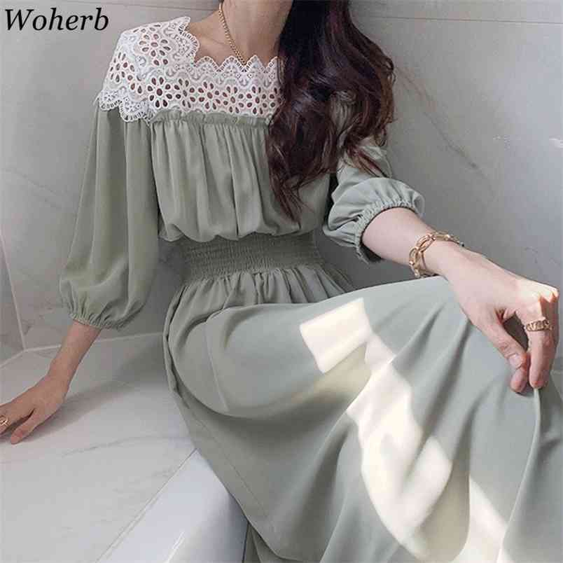 

Women Lace Dress Summer Puff Sleeve Pleated High Waist Vintage Dresses Korean Ladies Elegnat Office Robe Vestidos 210519, Black